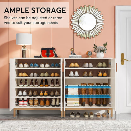 Meuble à chaussures moderne de 95 cm avec portes, blanc et doré, pour 20 paires de chaussures