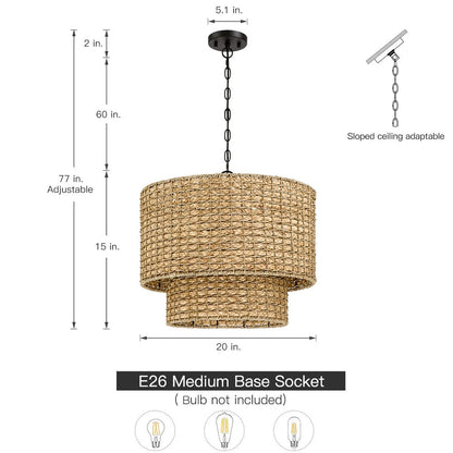 Suspension tambour traditionnelle en rotin naturel à 4 lumières avec auvent noir - Noir/terre - 50,8 cm de largeur