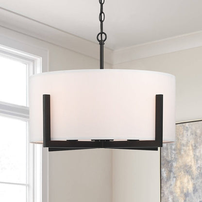 Lustre suspendu noir mat à 4 lumières de 22 po avec abat-jour tambour blanc - 22 W