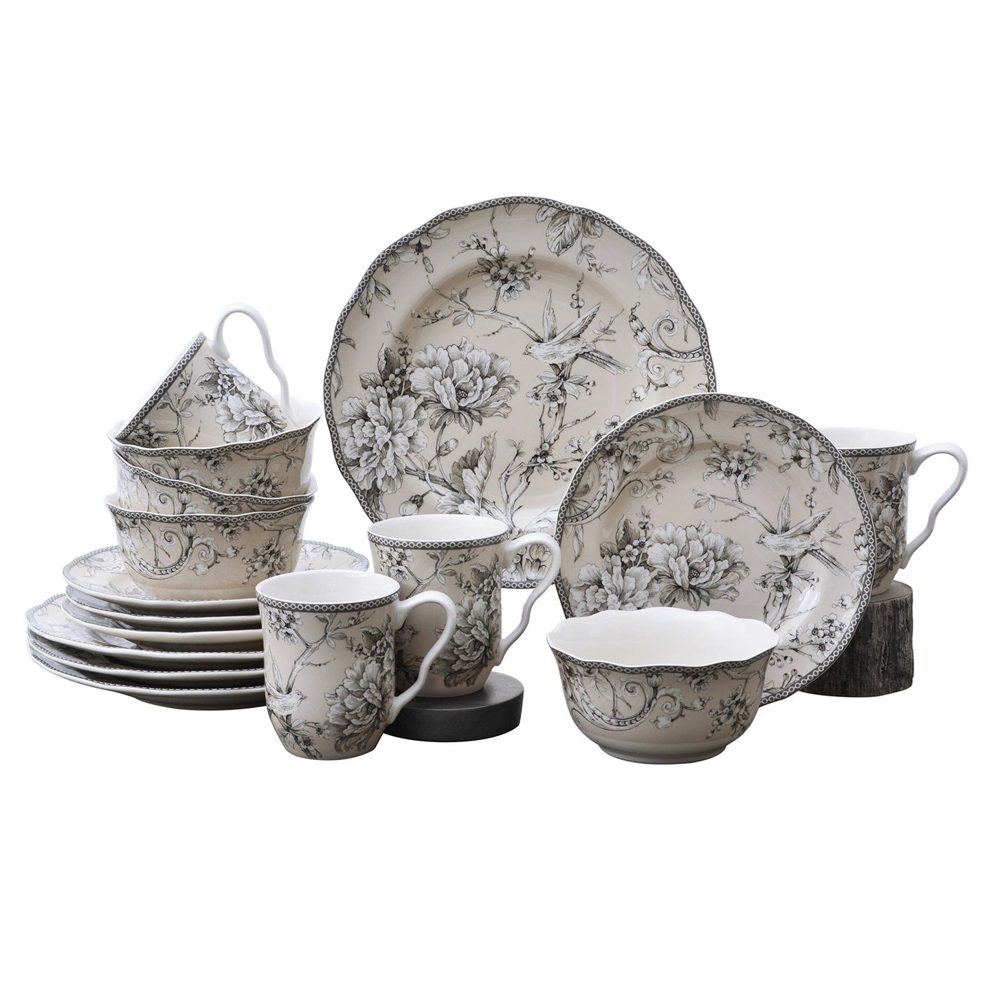 Service de table 16 pièces en porcelaine 222 Fifth Adelaide avec assiettes rondes, bols et tasses, blanc antique