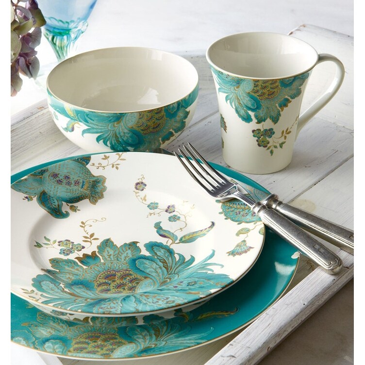 Service de table 16 pièces en porcelaine 222 Fifth Eliza, bleu sarcelle
