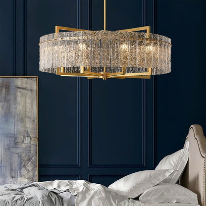 Lustre tambour moderne en cristal doré de 66 cm, 6 lumières, à intensité variable, style glamour, pour îlot de cuisine avec verre dépoli, pour salle à manger