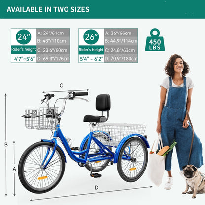 Tricycle adulte 26 pouces, 3 roues, 7 vitesses