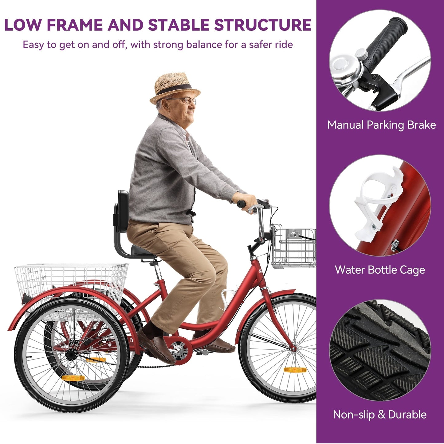 Tricycle bleu pour adulte à 3 roues avec paniers amovibles