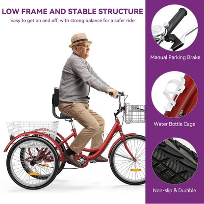 Tricycle bleu pour adulte à 3 roues avec paniers amovibles