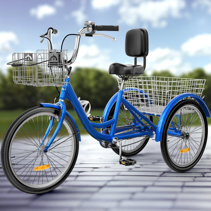 Tricycle bleu pour adulte à 3 roues avec paniers amovibles