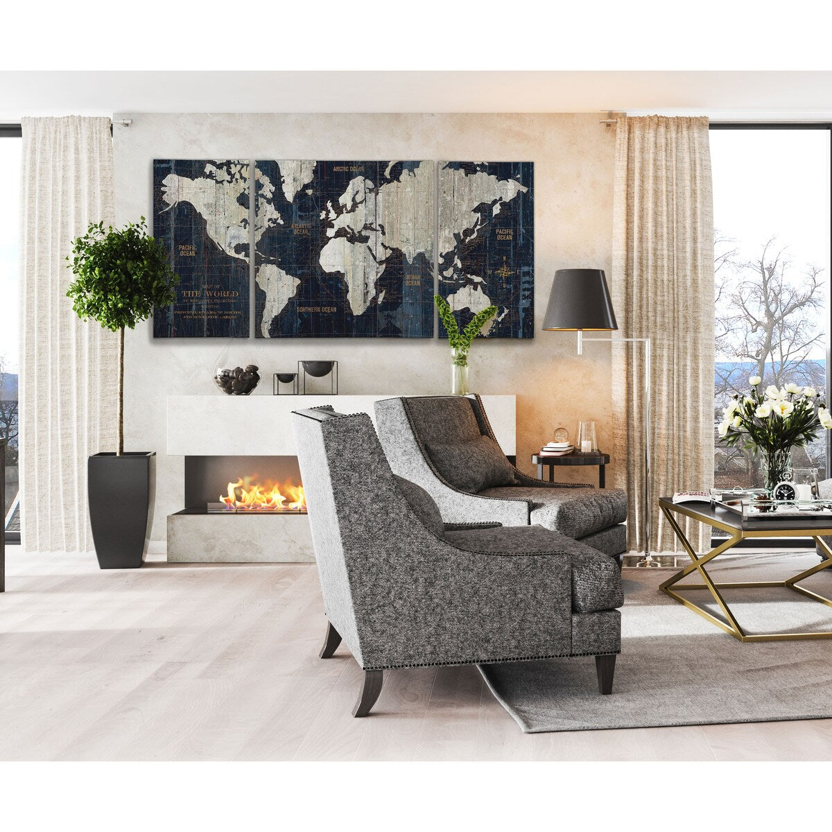 Ensemble d'impressions graphiques sur toile enveloppée « Old World Map Blue » en 3 pièces