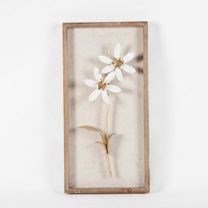 Décoration murale avec cadre en bois et bouquet de fleurs en métal blanc et doré (lot de 2)