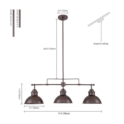 Suspension en forme de dôme de style industriel à 3 lampes, style ferme, en métal, pour îlot de cuisine linéaire, finition bronze huilé