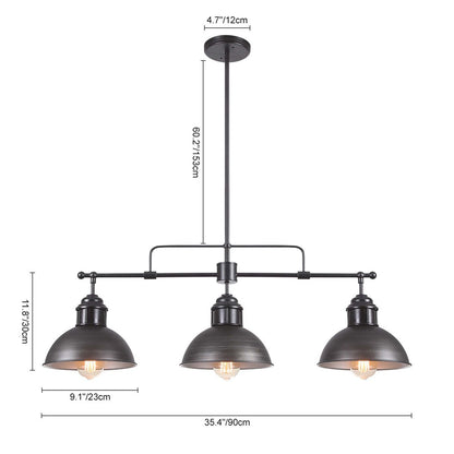 Suspension en forme de dôme de style industriel à 3 lampes, style ferme, en métal, pour îlot de cuisine linéaire, finition bronze huilé
