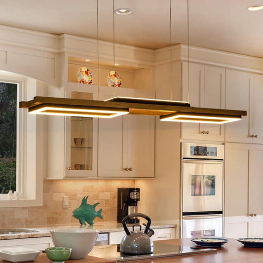 Lustre linéaire en bois à 3/5 lumières LED intégrées pour îlot de cuisine
