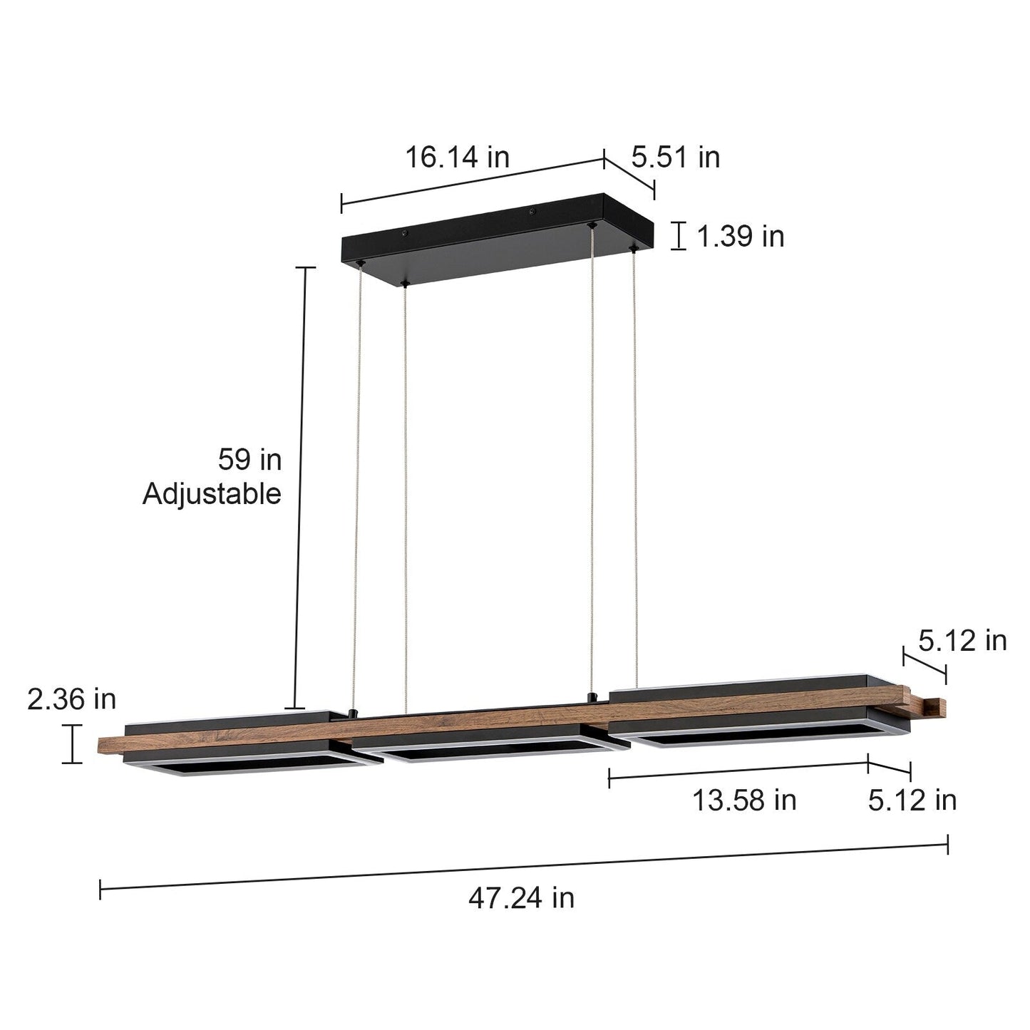 Lustre linéaire en bois à 3/5 lumières LED intégrées pour îlot de cuisine