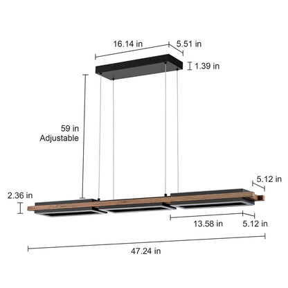 Lustre linéaire en bois à 3/5 lumières LED intégrées pour îlot de cuisine