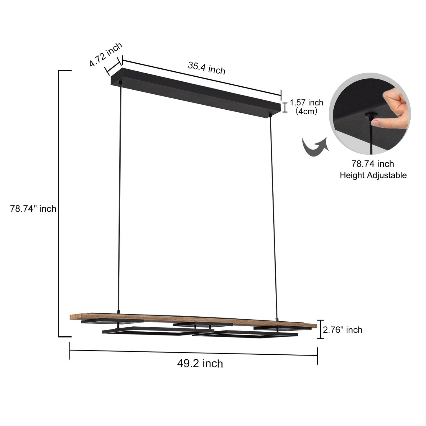 Lustre linéaire en bois à 3/5 lumières LED intégrées pour îlot de cuisine