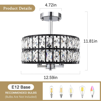 Plafonnier semi-encastré à 3 lumières en cristal pour salon et couloir