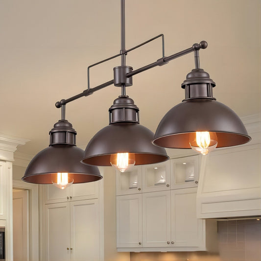Suspension en forme de dôme de style industriel à 3 lampes, style ferme, en métal, pour îlot de cuisine linéaire, finition bronze huilé