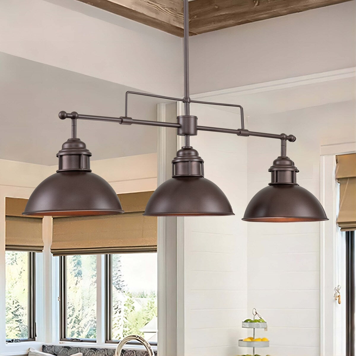 Suspension en forme de dôme de style industriel à 3 lampes, style ferme, en métal, pour îlot de cuisine linéaire, finition bronze huilé