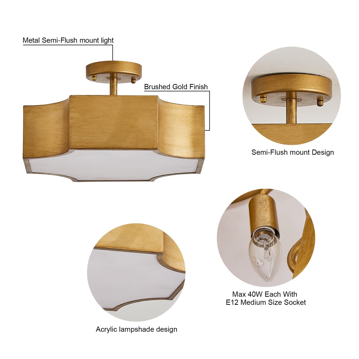 Plafonnier semi-encastré moderne doré à 3 lumières