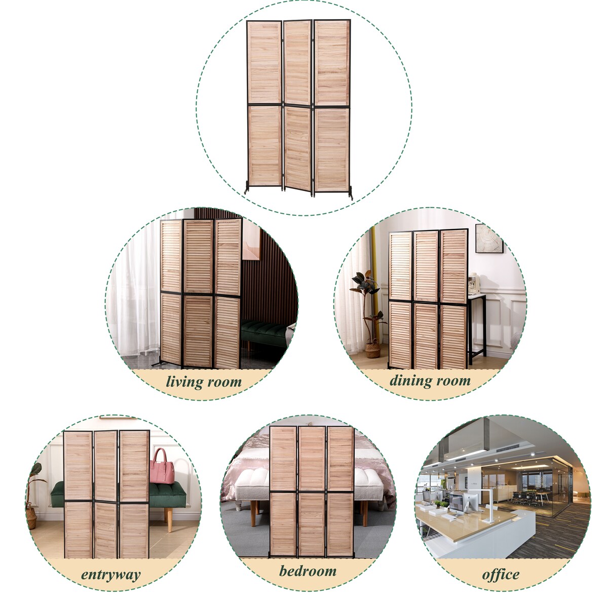 Cloisons de séparation à 3 panneaux et paravent pliable en bois naturel, cloison de séparation de 1,80 m pour séparation de pièce