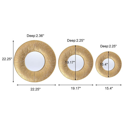Ensemble de 3 miroirs muraux ronds en métal doré - 22,25 de diamètre x 2,36 de profondeur