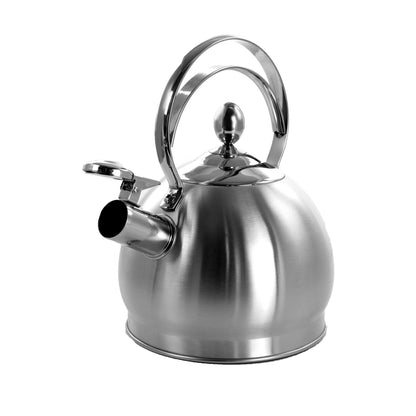 Bouilloire sifflante ronde en argent brossé de 3 litres avec poignée ergonomique en argent