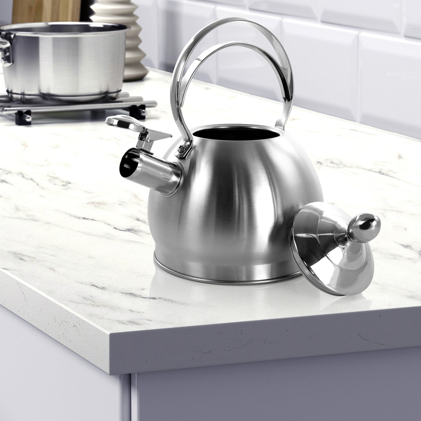 Bouilloire sifflante ronde de 3 litres pour cuisinière en argent