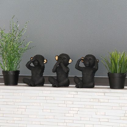 3 singes sages parlent, entendent, ne voient pas le mal, résine noire et or, lot de 3