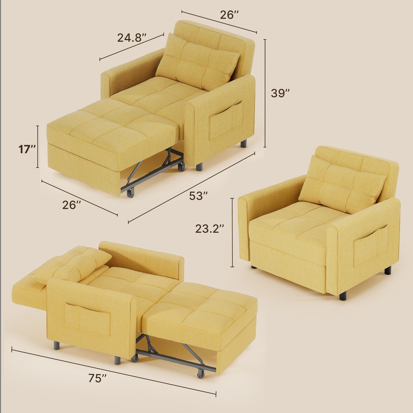 Canapé-lit 3 en 1 réglable, canapé-lit gigogne, convertible et pliable pour salon