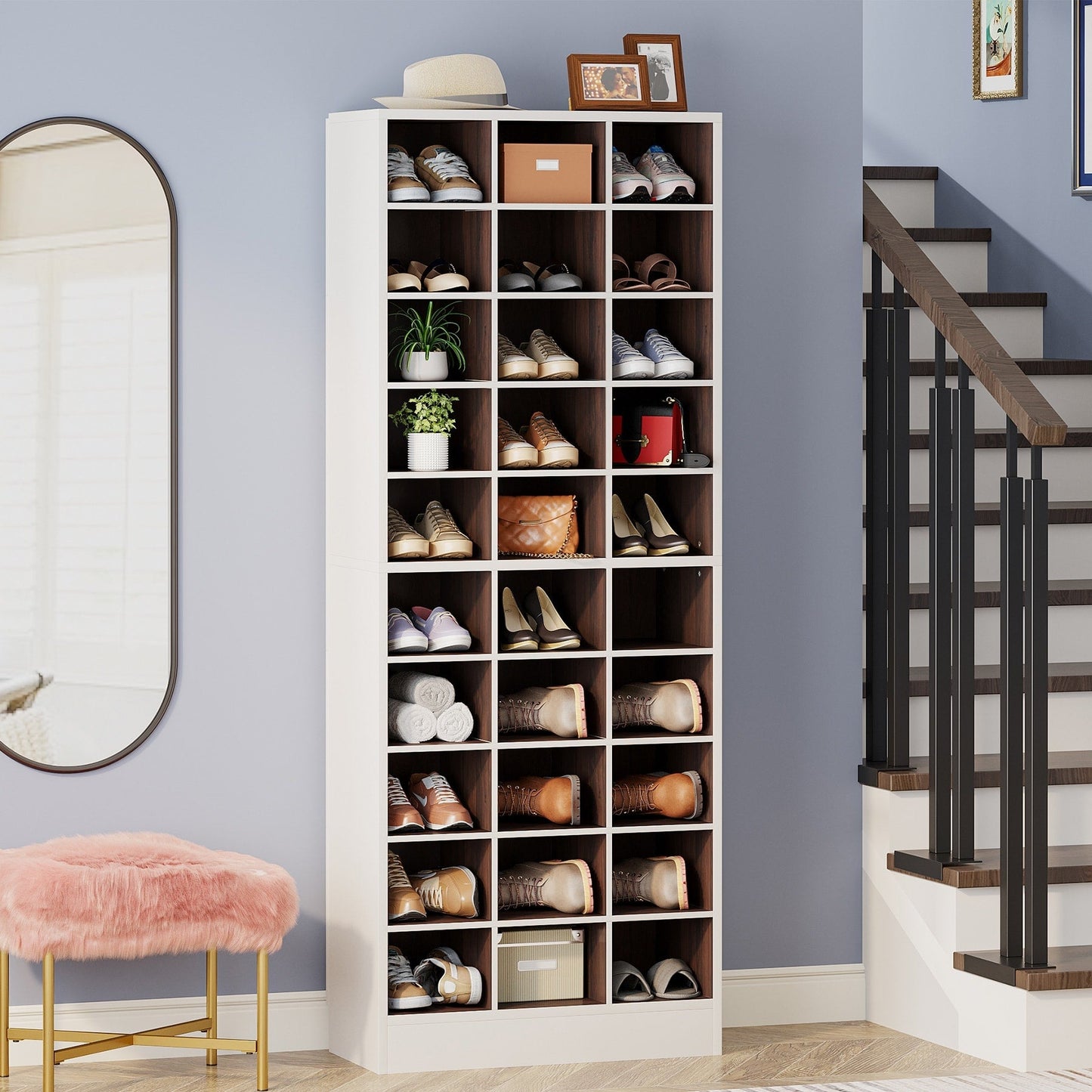 Meuble à chaussures haut 30 paires, 10 niveaux, en bois blanc, pour placard, entrée