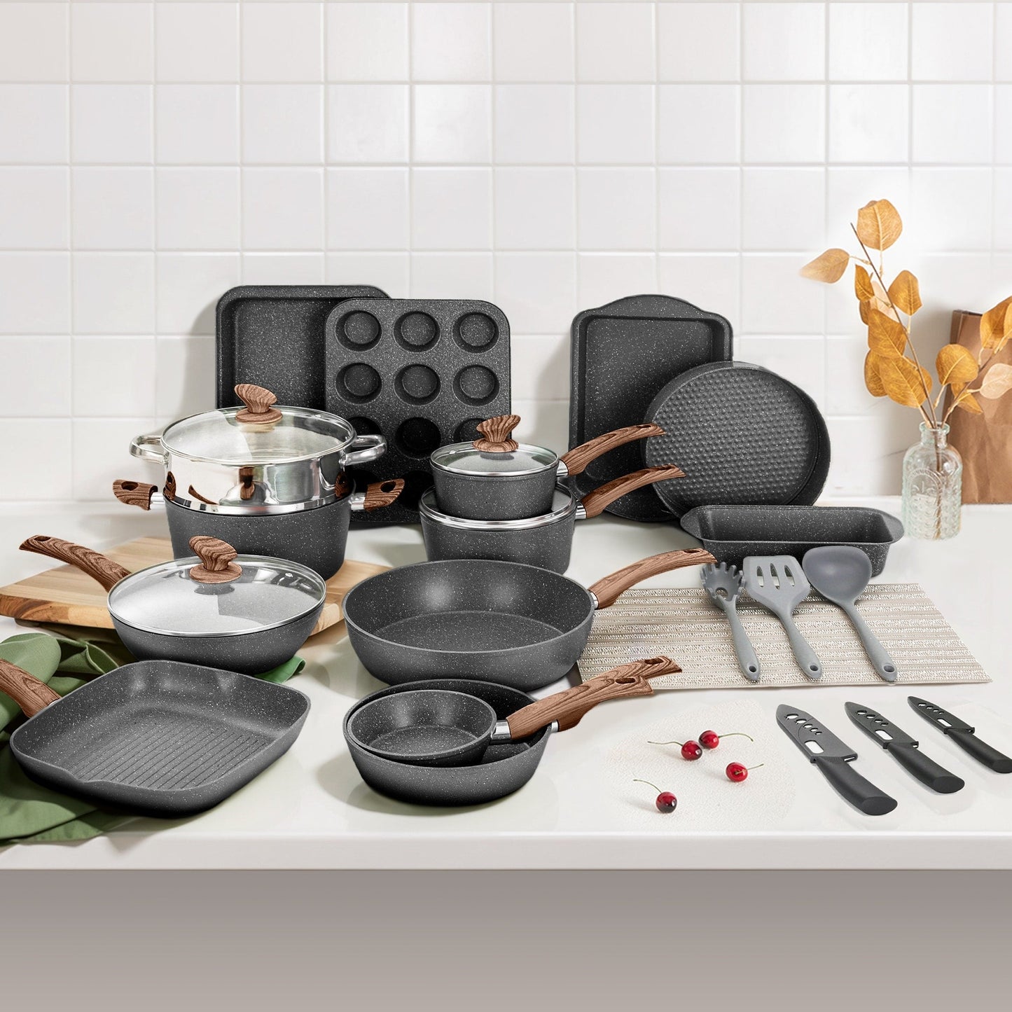 Batterie de cuisine et ustensiles de cuisson en granit de 30 pièces, ensemble de poêles de cuisson, ensemble de casseroles et poêles antiadhésives