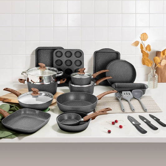 Batterie de cuisine et ustensiles de cuisson en granit de 30 pièces, ensemble de poêles de cuisson, ensemble de casseroles et poêles antiadhésives