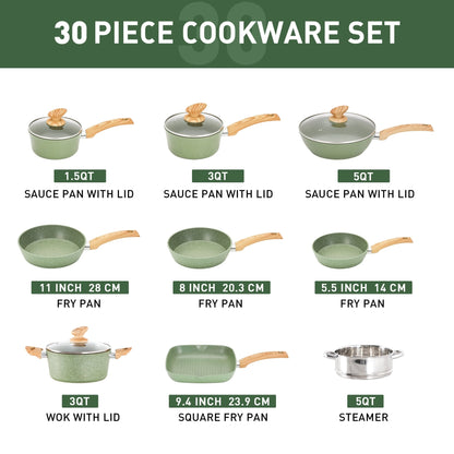 Batterie de cuisine et ustensiles de cuisson en granit de 30 pièces, ensemble de poêles de cuisson, ensemble de casseroles et poêles antiadhésives