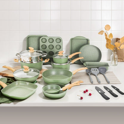 Batterie de cuisine et ustensiles de cuisson en granit de 30 pièces, ensemble de poêles de cuisson, ensemble de casseroles et poêles antiadhésives