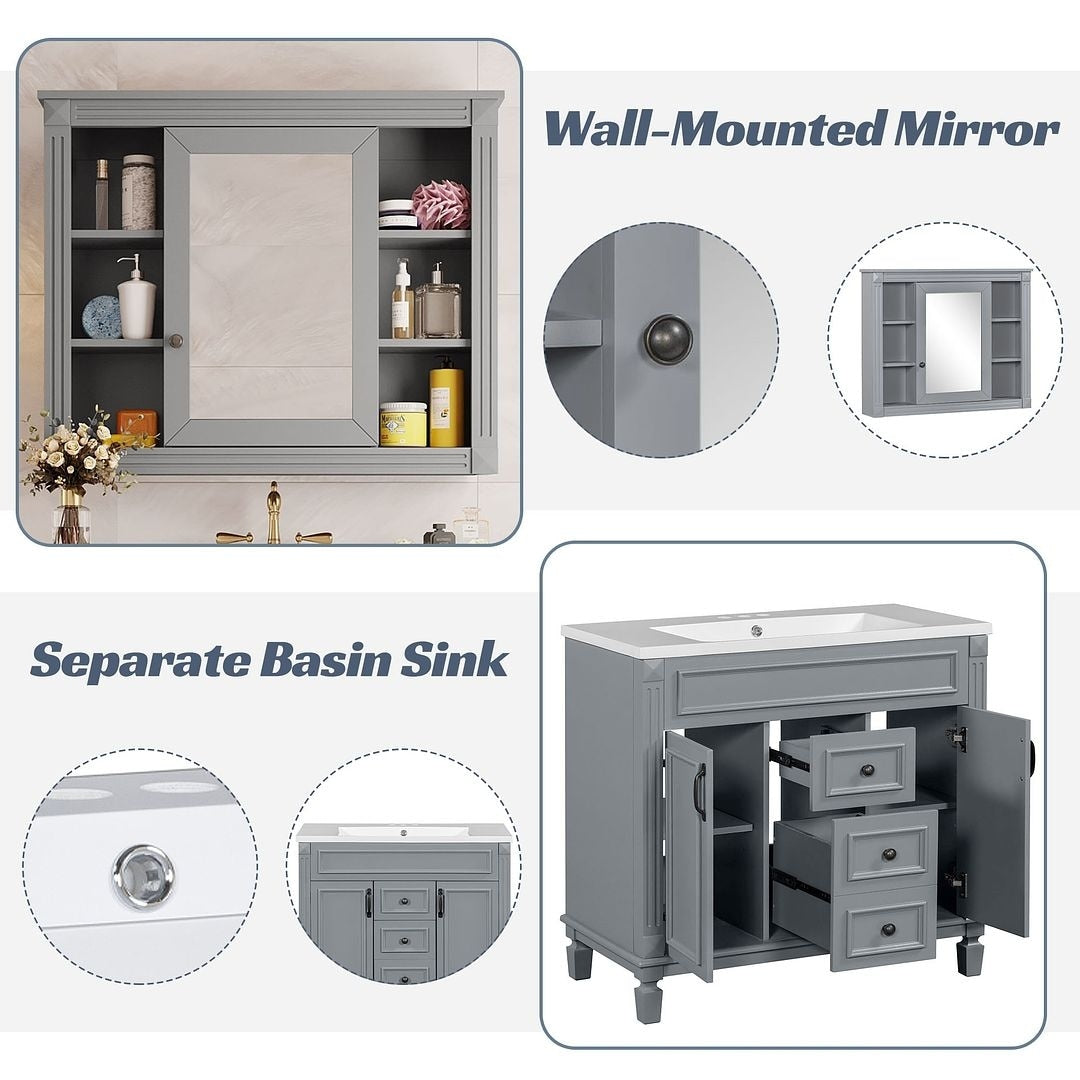 Meuble-lavabo moderne de 36 po avec lavabo supérieur et armoire à miroir, 2 portes et 2 tiroirs