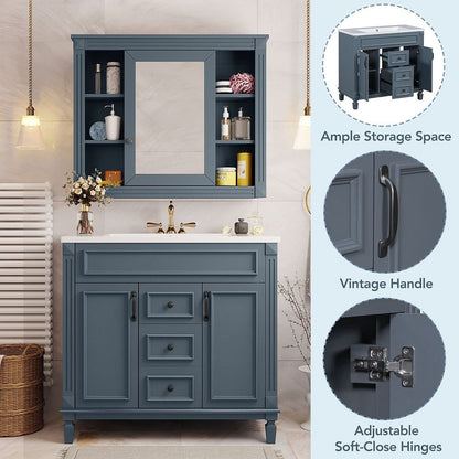 Meuble-lavabo moderne de 36 po avec lavabo supérieur et armoire à miroir, 2 portes et 2 tiroirs