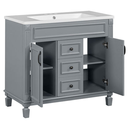 Meuble-lavabo moderne de 36 po avec lavabo supérieur et armoire à miroir, 2 portes et 2 tiroirs