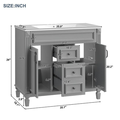 Meuble-lavabo moderne de 36 po avec lavabo supérieur et armoire à miroir, 2 portes et 2 tiroirs