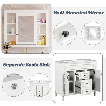 Meuble-lavabo moderne de 36 po avec lavabo supérieur et armoire à miroir, 2 portes et 2 tiroirs