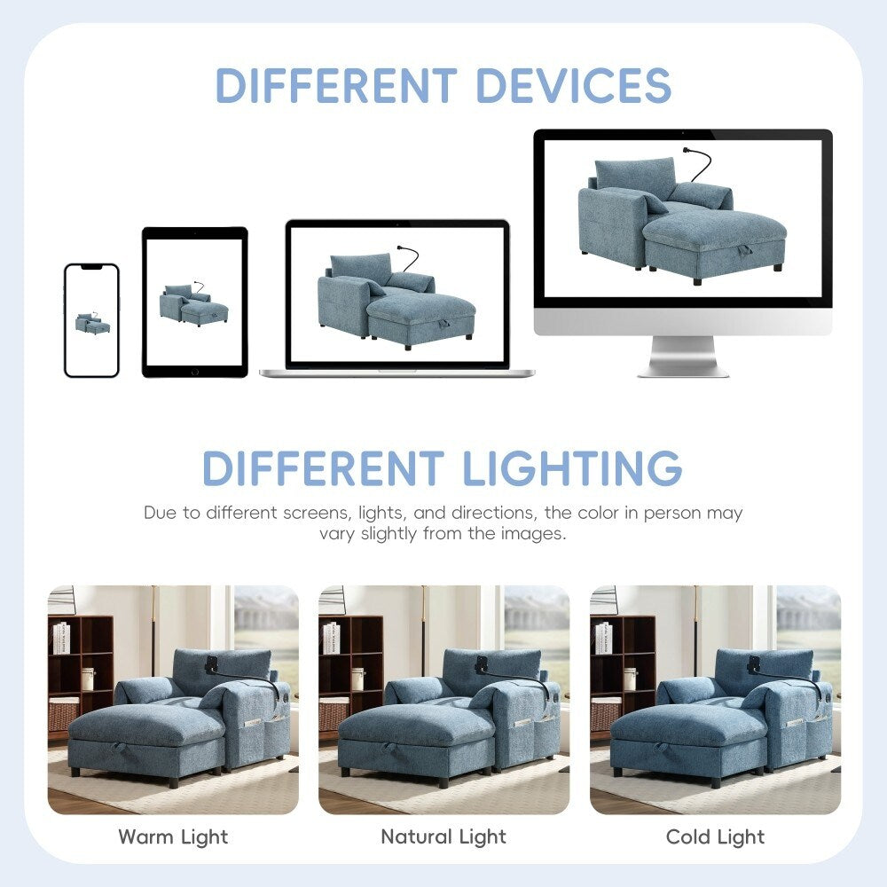 38 Chenille Single Sofa with Storage Ottoman, USB Charger, Side Storage Pockets, Pillow-like Armrests