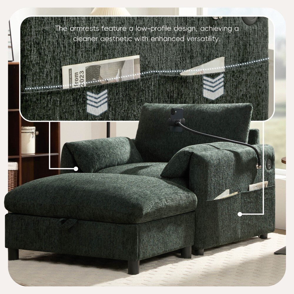 38 Chenille Single Sofa with Storage Ottoman, USB Charger, Side Storage Pockets, Pillow-like Armrests