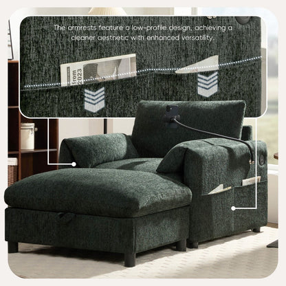 38 Chenille Single Sofa with Storage Ottoman, USB Charger, Side Storage Pockets, Pillow-like Armrests