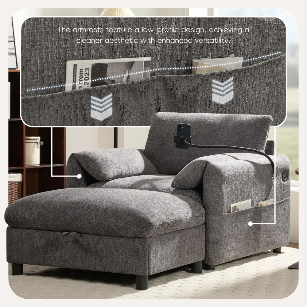 38 Chenille Single Sofa with Storage Ottoman, USB Charger, Side Storage Pockets, Pillow-like Armrests