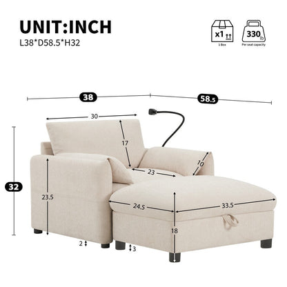 38 Chenille Single Sofa with Storage Ottoman, USB Charger, Side Storage Pockets, Pillow-like Armrests