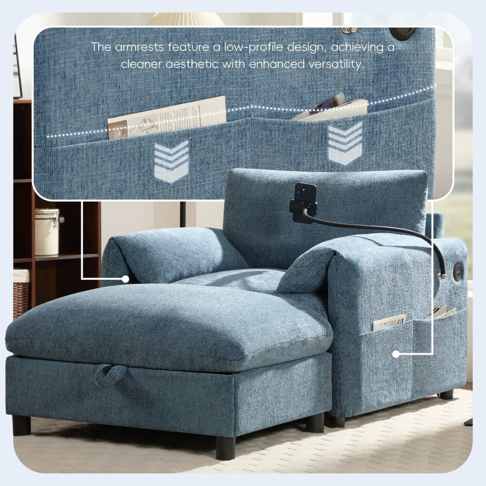 38 Chenille Single Sofa with Storage Ottoman, USB Charger, Side Storage Pockets, Pillow-like Armrests
