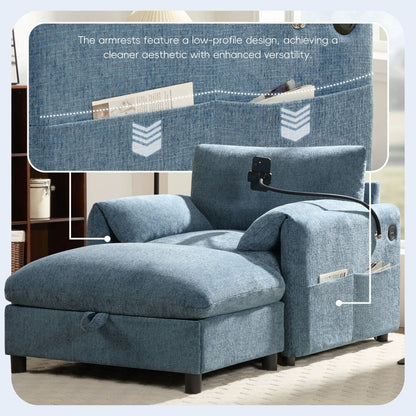 38 Chenille Single Sofa with Storage Ottoman, USB Charger, Side Storage Pockets, Pillow-like Armrests