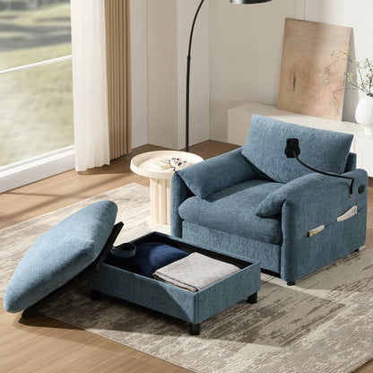 38 Chenille Single Sofa with Storage Ottoman, USB Charger, Side Storage Pockets, Pillow-like Armrests