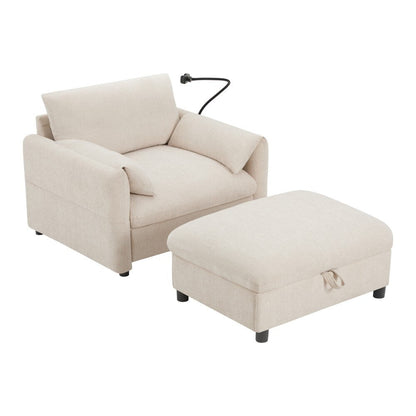 38 Chenille Single Sofa with Storage Ottoman, USB Charger, Side Storage Pockets, Pillow-like Armrests