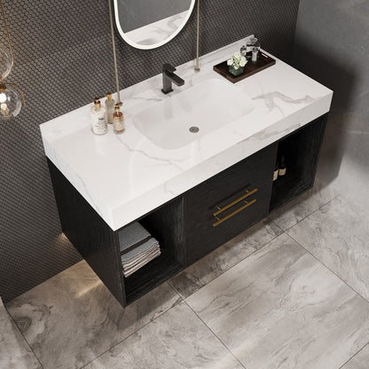 Meuble-lavabo flottant de 39,4 po avec lavabo en céramique, meuble-lavabo suspendu au mur, 2 tiroirs à fermeture douce et plateau en ardoise blanche - 39'4 x 18'9
