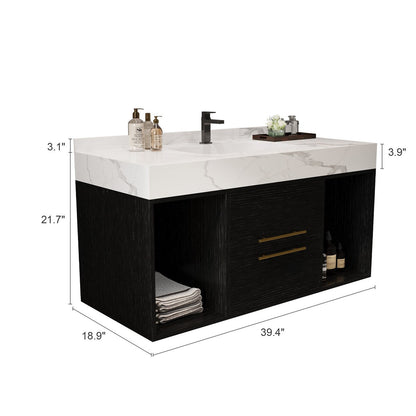 Meuble-lavabo flottant de 39,4 po avec lavabo en céramique, meuble-lavabo suspendu au mur, 2 tiroirs à fermeture douce et plateau en ardoise blanche - 39'4 x 18'9