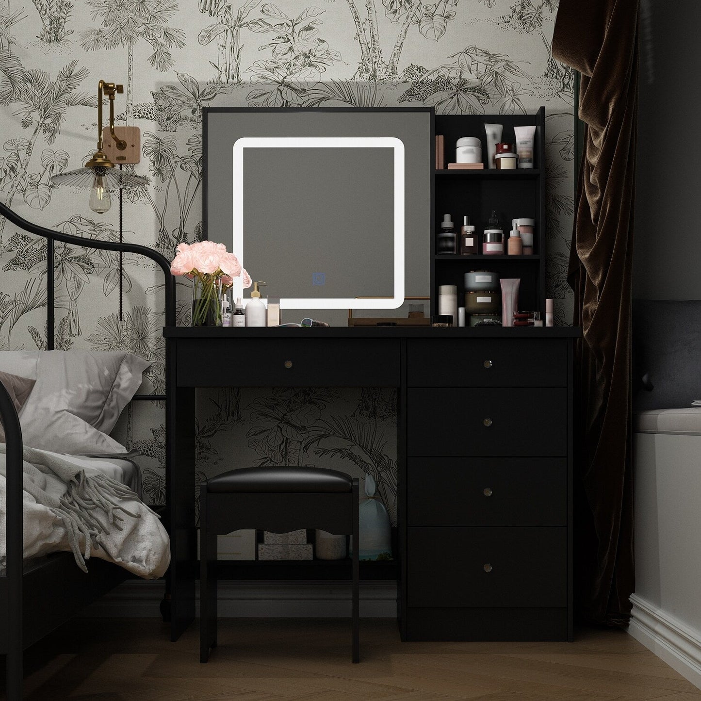 Ensemble de coiffeuse de maquillage de 39,4 po de largeur avec tabouret et miroir